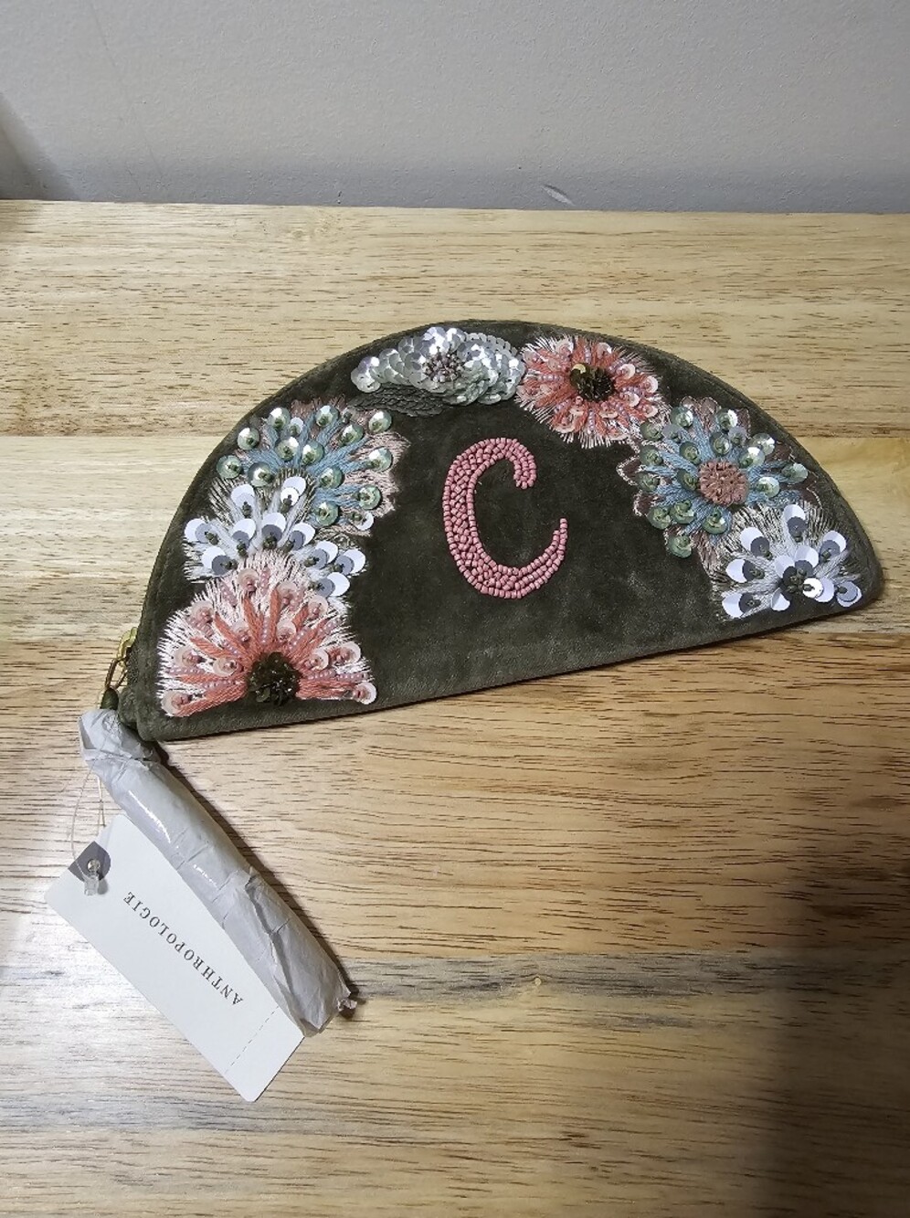 Anthropologie Olive Green Half-Moon Embroidered Sequin Clutch